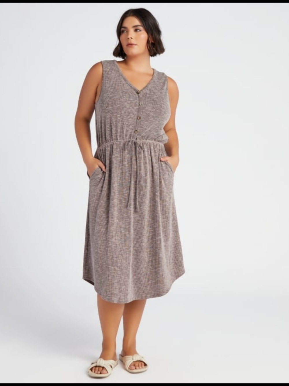Gilli Ribbed Button-Front Dress in Taupe